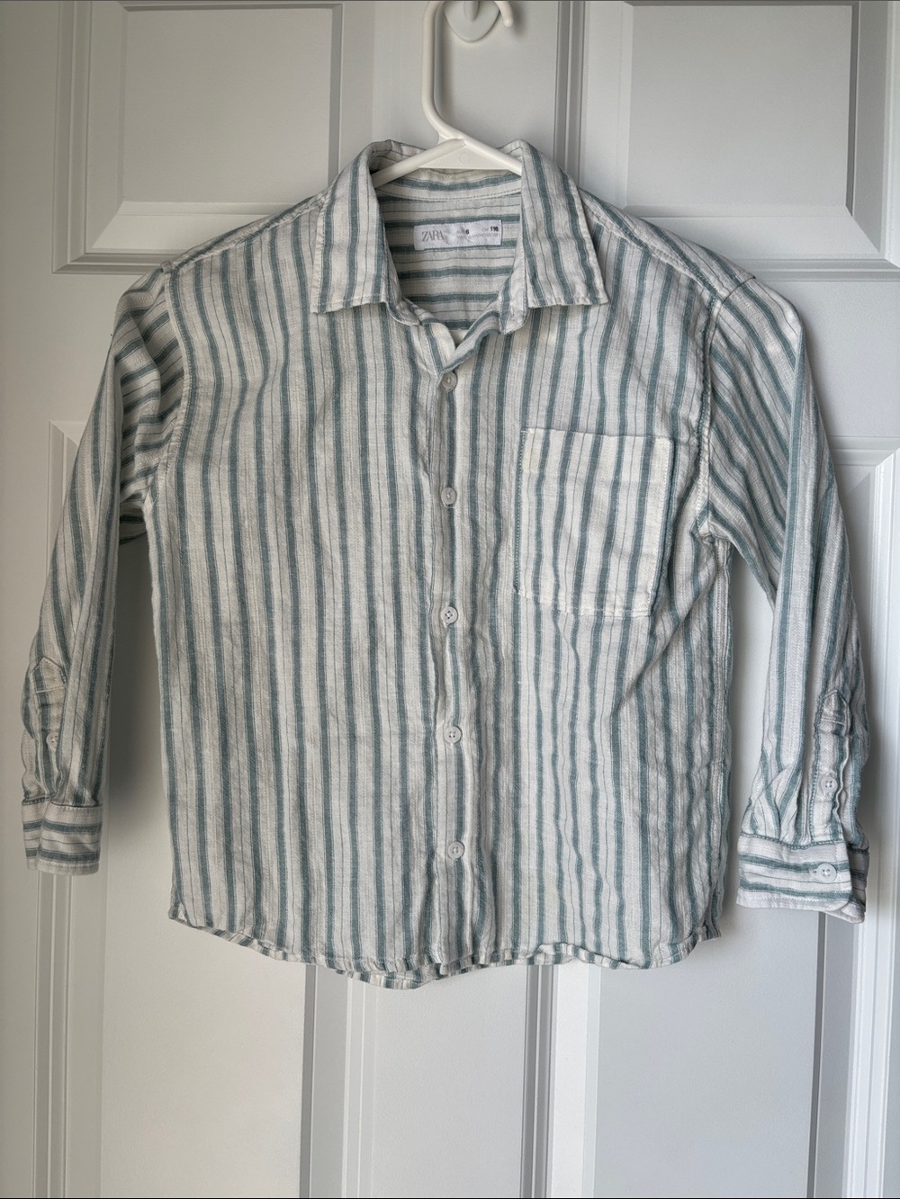 Zara Kids Light Green and White Striped Button-Down Shirt